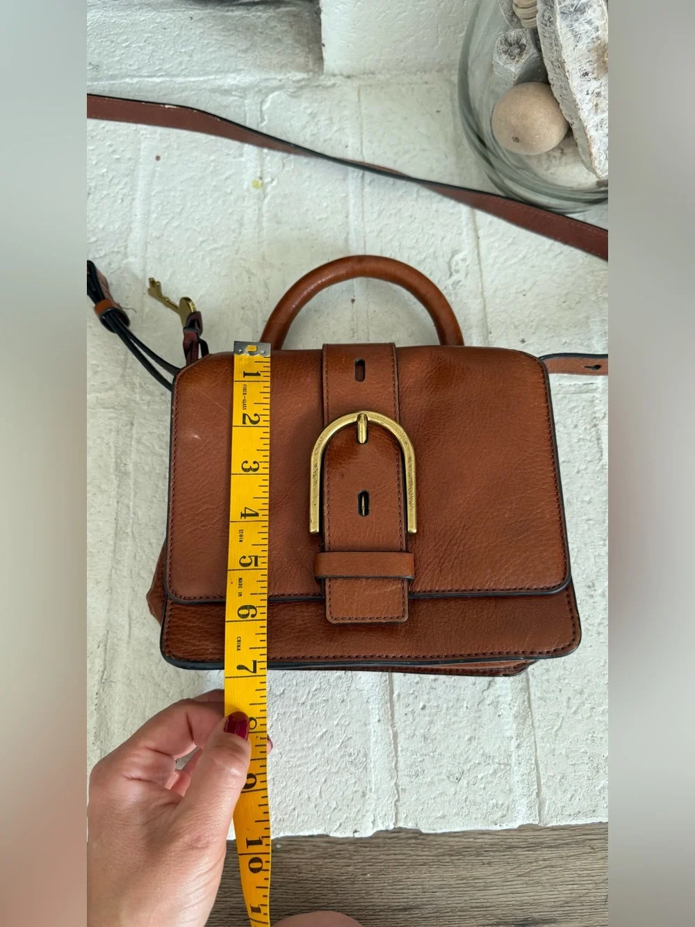 Fossil Wiley Mini Leather Satchel Brown Cognac Crossbody Bag Top Handle Buckle